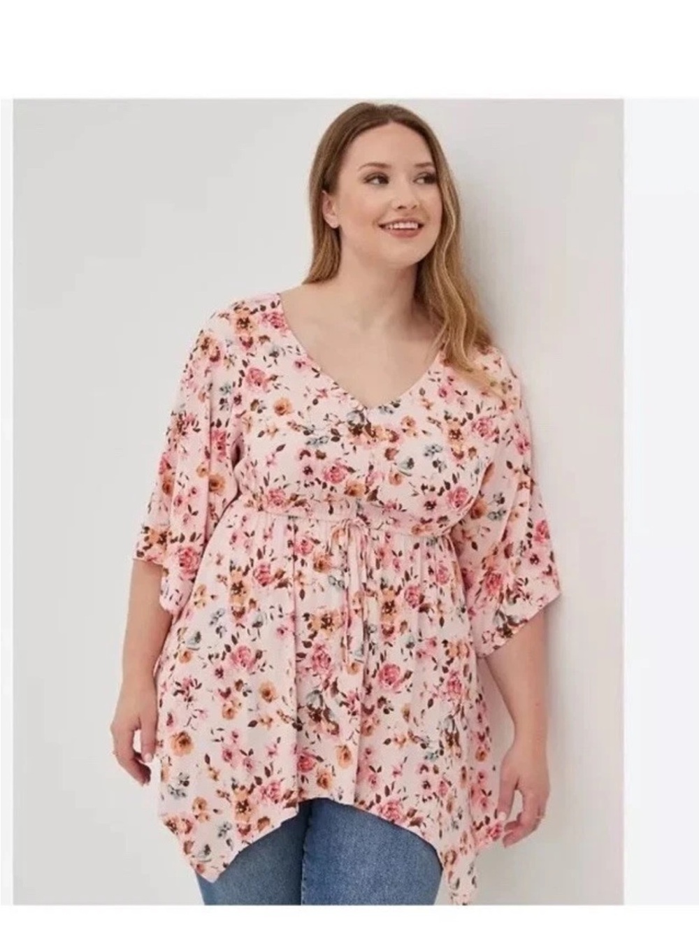 Torrid Pink Floral Babydoll Tunic Women’s Stretch Challis Dolman Sleeve Top